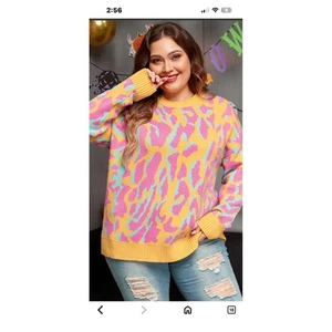 JM Boutique Strickpullover Leopardenmuster Rundhals gelb rosa blau Größe M - Bild 1 von 5