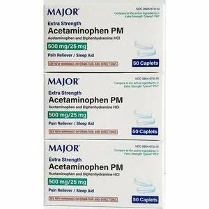 Major Acetaminophen PM 500mg - 50ct - 3 Pack (150 Caplets) Exp Date 04/2025 - Picture 1 of 3
