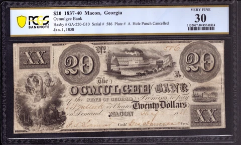 1837 $20 OCMULGEE BANK MACON GEORGIA OBSOLETE NOTE LOW SERIAL 586 PCGS B VF 30 Cover