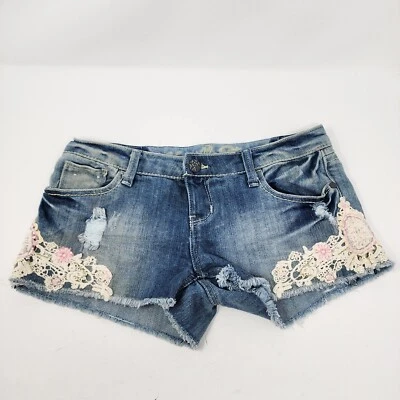 Vanilla Star Cutoff Bootie Shorts Floral Lace Boho Detail Distressed Jean Size 7 - Image 1 of 4