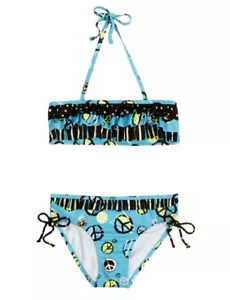 NWT Justice Girls Turquoise Peace Stripe Ruffle Bikini Swimsuit 14 NEW - Picture 1 of 2