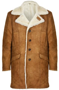 Men's Tan Brown 3/4 Warm Merino Genuine Leather Sheepskin Trench Reefer Coat - Picture 1 of 6