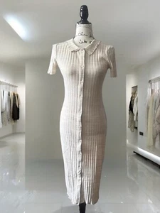ZARA Dress Women’s Ivory Ribbed Knit Lapel Collar Short Sleeves Buttons Size S - Picture 1 of 4
