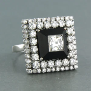 Art Deco Square Design Simulated Sapphires & Black Onyx 935 Silver Women's Ring - Picture 1 of 9