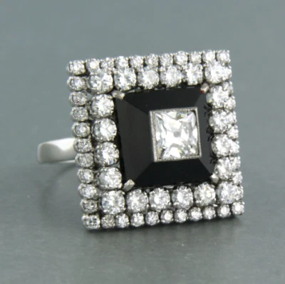 Art Deco Square Design Simulated Sapphires & Black Onyx 935 Silver Women's Ring - Image 1 of 4