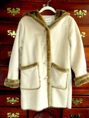 St. Johns Bay Ivory Faux Suede Faux Fur/Shearling Lined Jacket Hood Petite Small - Image 1 of 4