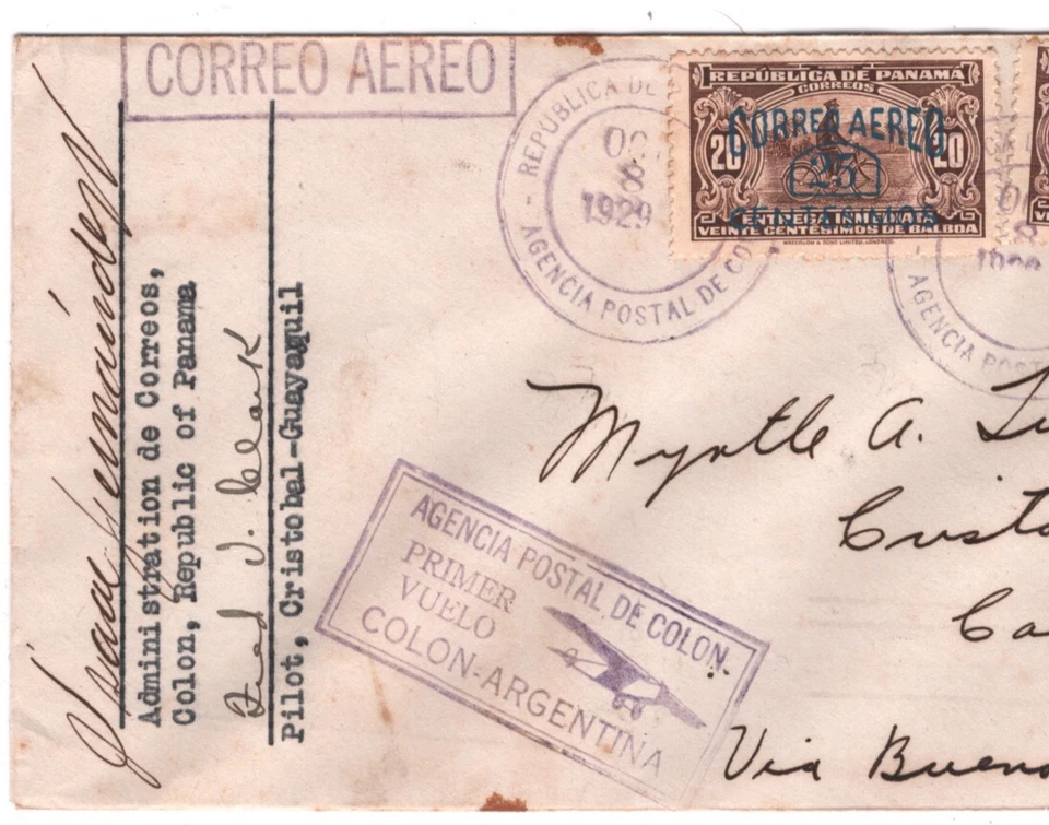 PANAMA Airmail Cover 1929 FIRST FLIGHT ARGENTINA Colon *PILOT SIGNED* Joffe KT81 - Image 1 of 4
