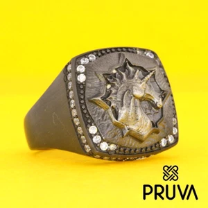 Y73 ANELLO CON SIGILLO PERSONALIZZATO 925K UNICORNO NERO PLACCATO RODIO LAUREA SPECIALE 2024 - Foto 1 di 8