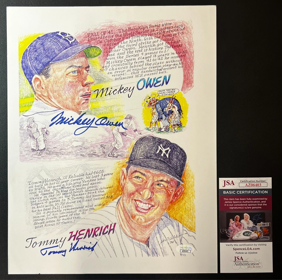 Mickey Owen & Tommy Henrich Signedx2 Print JSA AUTOS Dodgers/Yankees MLB NICE! - Image 1 of 4