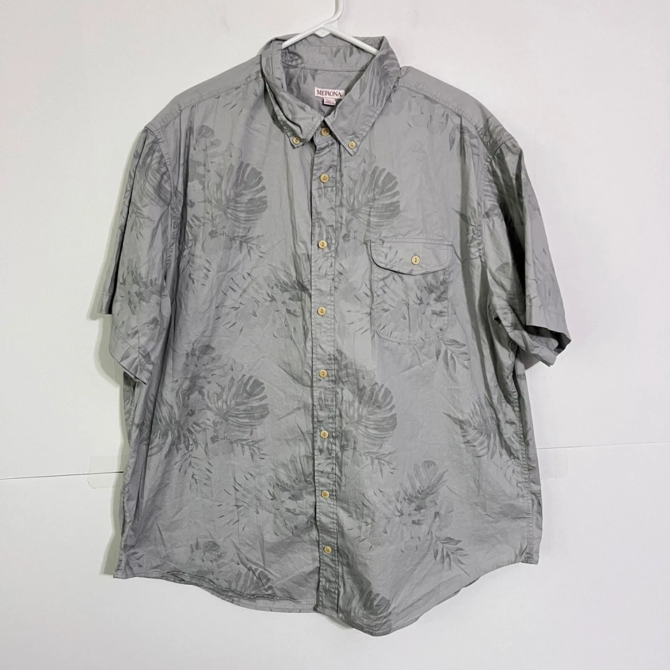 Merona Mens Hawaiian Shirt Size 2XL Light Grey Floral Lightweight Chambray - Image 1 of 4