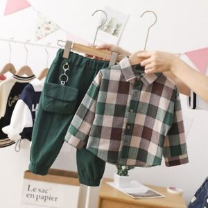 2 Pcs Autumn Cotton Toddler Children Clothing Sets Plaid Shirt+Pants Clothing