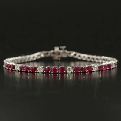 9Ct Round Cut Diamond & Red Ruby Tennis Bracelet Womens 14K White Gold Over 7.5" - Image 1 of 4