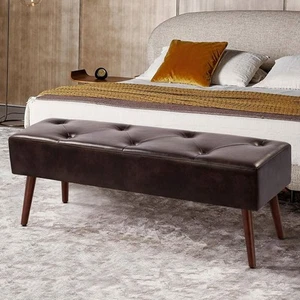 Mid-Century Bed Bench with Dark Brown Leather Upholstered Seat Solid Wood Legs - Picture 1 of 3
