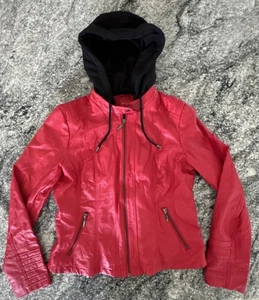 Guess Women's  Faux Red Leather Black Hoodie Zip Up Jacket Size XL #478 - Picture 1 of 13