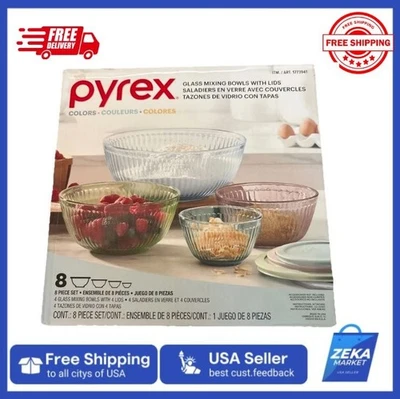 Pyrex PASTEL Diff Colored Glass Mixing Bowl Set with Lids, 8-Pieces BRAND NEW!! - Image 1 of 4