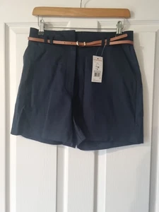BNWT F & F Woman's Navy Shorts With Brown Belt, Size 10 - Picture 1 of 5