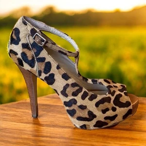 INC Magnolia Cheetah Peeptoe T-Strap Heels Size 8 Calf Hair - Picture 1 of 16