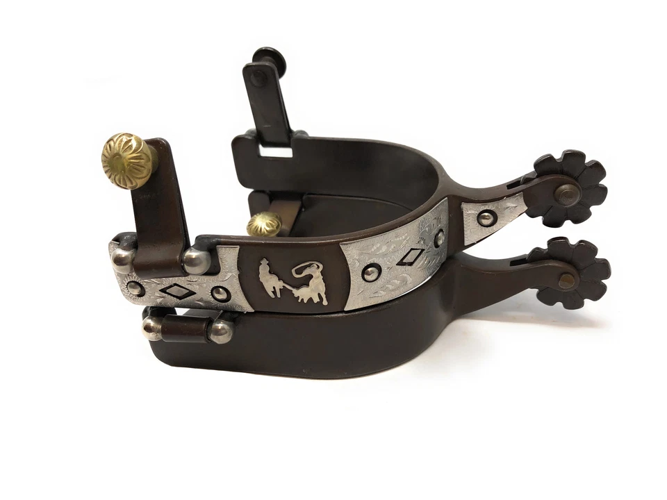 Western Show Spurs Team Roping Silver Engraving Antique Brown Color Mens Size