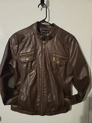 New Look Lined Brown Faux Leather Jacket Women’s Medium Full Metal Zip Pockets - Image 1 of 4