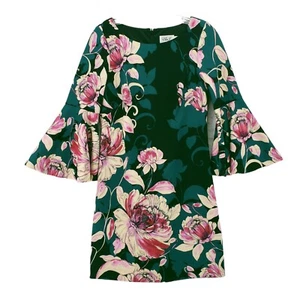 Eliza J Bell Sleeve Floral Print Shift Dress Colorful Green Pink EUC Size 4 - Picture 1 of 8