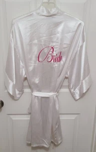 Mud Pie Women's Waist Tie Robe White Satin Embroidered Pink "Bride" Wedding O/S - Picture 1 of 9