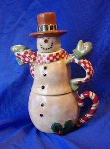 SUSAN WINGET SNOWMAN Stacking 3pc TEAPOT & TEA CUP Certified International - Picture 1 of 7