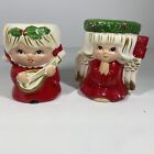 2 Vtg Ceramic Lefton Christmas Girl Candle Figurine Banjo Praying Angel Korea