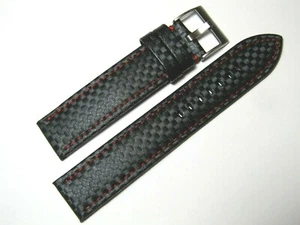 20mm Hadley-Roma MS847 Black Carbon Fiber Leather Red Stitch Watch Band Strap - Picture 1 of 3