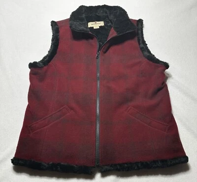 Chaleco Forrado Woolrich Lana Imitación Piel Para Mujer’s Rubí Cuadros Rojo Negro Cremallera Talla Grande Foto 1 de 4