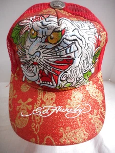 Don Ed Hardy Designs Red Mesh Trucker Snapback Cap Glittery White Tiger w Teeth - Picture 1 of 12