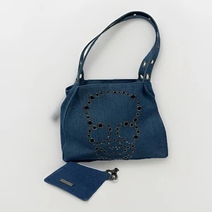 Betsy Johnson Blue Denim Weekender Tote/bag stud skull y2k 90s with purse - Picture 1 of 6