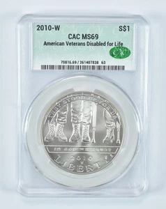 2010-W Disabled Veterans Commemorative Silver Dollar MS69 CAC CACg *8201 - Picture 1 of 5