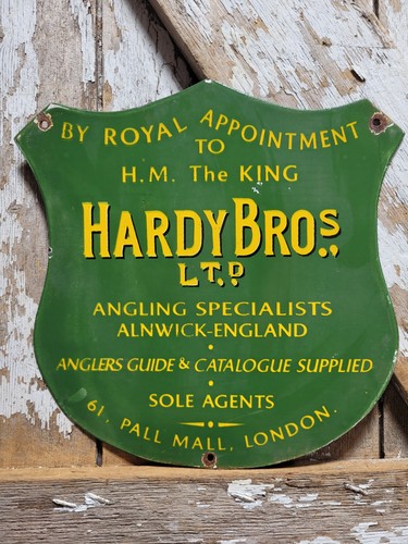 VINTAGE HARDY BROS PORCELAIN SIGN OLD ANGLING FLY FISHING ROD REELS ...