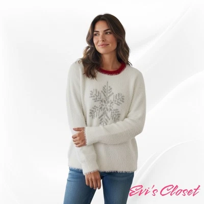 Suéter de Navidad French Laundry Feo Para Mujer Blanco Plateado Copo de Nieve Rojo Talla XL Foto 1 de 4