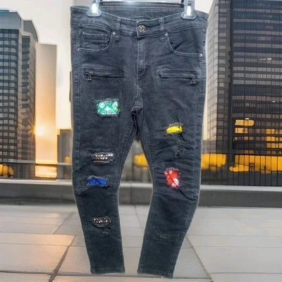 Pantalones de mezclilla para hombre Rue21 graffiti premium pierna cónica desgastados talla 28/30 Foto 1 de 4