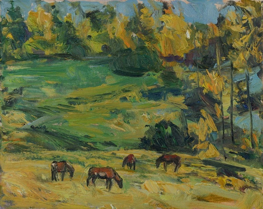 Arte Original Pintura al Óleo por RM Mortensen "Caballos Pastando" Pastos Granja Árboles Foto 1 de 1