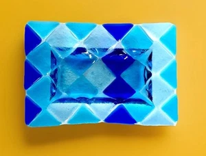 Small Fused Glass Ring/Trinket Dish, Harlequin Pattern in Blues 5-1/8" by 3-1/2" - Picture 1 of 8