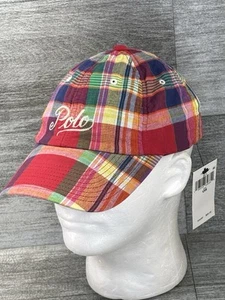 NWT Polo Ralph Lauren Plaid Leather Strap Back Hat Cap One Size Script Logo RL - Picture 1 of 19