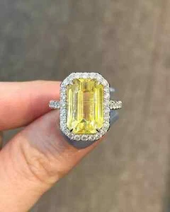 6.10 Ct Emerald Cut Natural Yellow Sapphire Diamond Wedding Ring 14K White Gold - Picture 1 of 6
