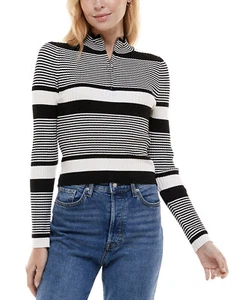 Ultra Flirt Juniors' Quarter-Zip Ribbed Striped Sweater Black Stripe Size S - Picture 1 of 4