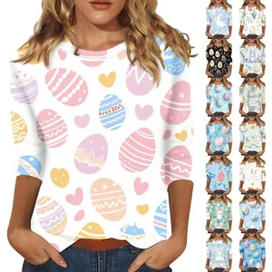 3/4 Sleeve Top Women's T-shirt Casual Easter Print Top T-shirt Crew-neck Jumper - Picture 1 of 57