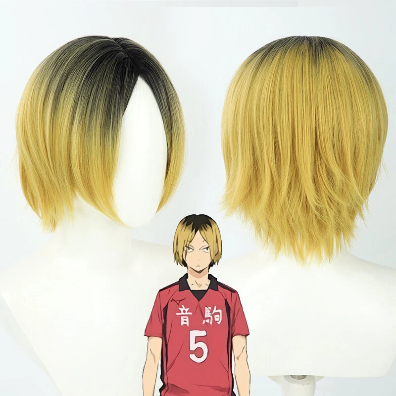 Anime Haikyuu!! Pelucas de cosplay Kenma Kozume para hombre pelo corto dorado cuero cabelludo simulado Foto 1 de 4