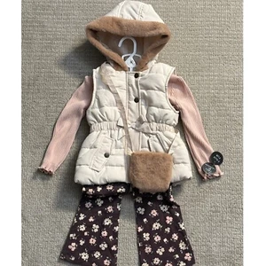 Nicole Miller 4-Piece Vest Set Faux Fur Purse Floral Pants 3T - Picture 1 of 4