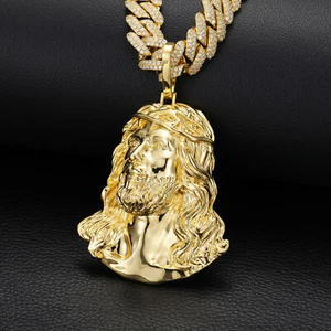 Hip Hop Jesus Face Pendant Necklace Real Gold Plated Religious Jewelry for Men - Picture 1 of 10