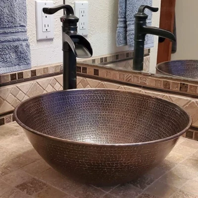 14" Handmade Round Copper Vessel Bath Sink Brushed Sedona Highlighting  - Image 1 of 3