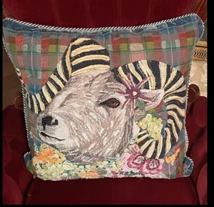 MacKenzie-Childs Scottish Ram Accent Pillow Beaded Flowers B&W Checker Plaid - Picture 1 of 4