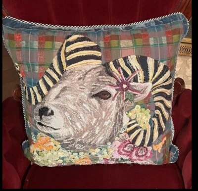 MacKenzie-Childs Scottish Ram Accent Pillow Beaded Flowers B&W Checker Plaid - Image 1 of 4
