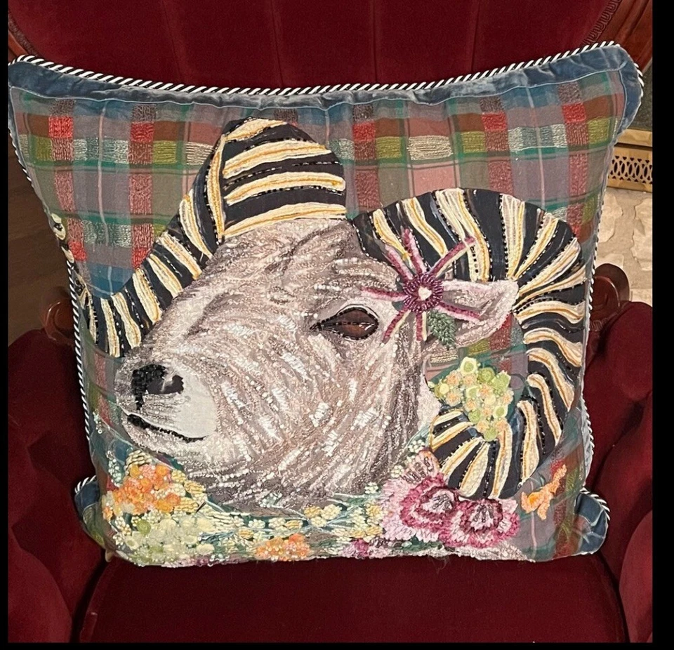 MacKenzie-Childs Scottish Ram Accent Pillow Beaded Flowers B&W Checker Plaid - Image 1 of 4