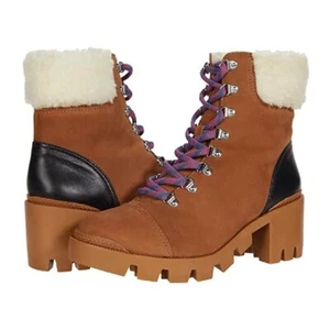 NEW DESIGNER Schutz Ritah Leather Lace up Faux Fur Lug Sole Boots - Picture 1 of 10
