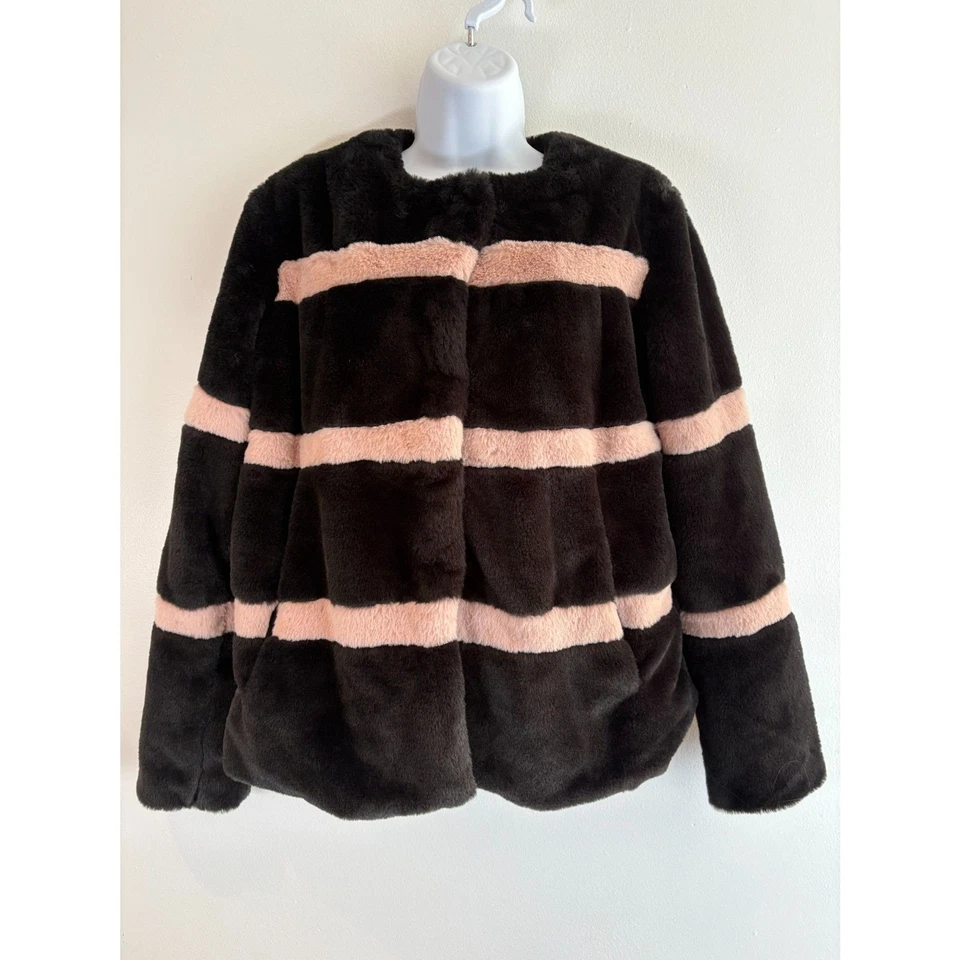 RACHEL PARCELL Black Pink Stripe Faux Fur Jacket Teddy Jacket Coat Size Small - Image 1 of 4